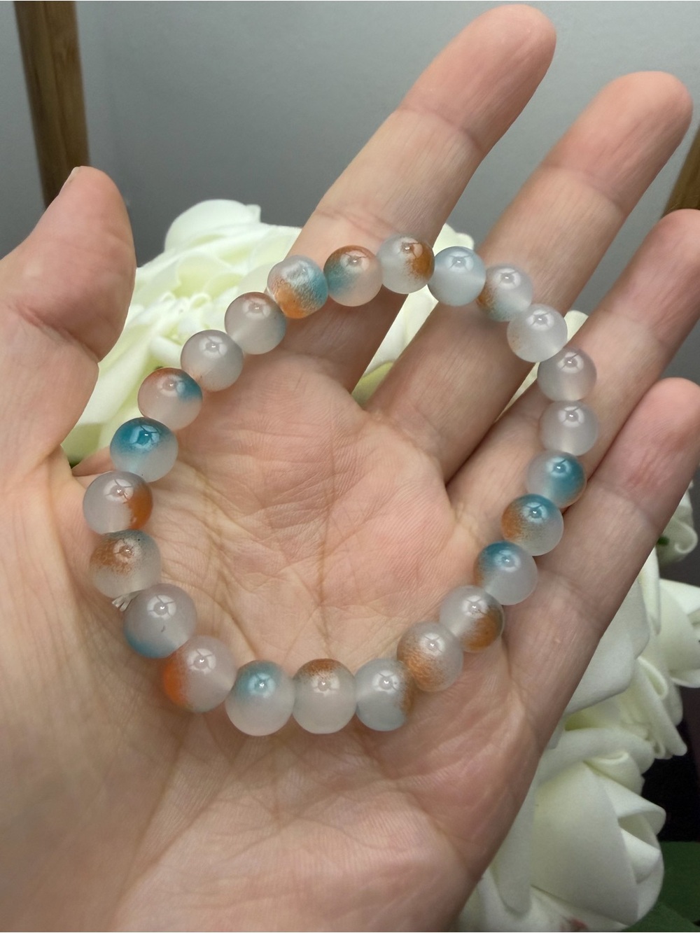 Frosted White Agate Bracelet with Blue and Orange Accents